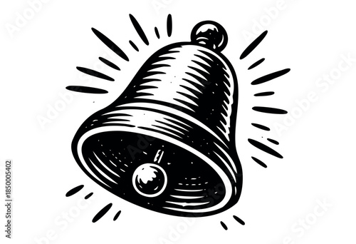 A bold black and white woodcut-style illustration of a ringing bell with radiating lines symbolizing sound and celebration.