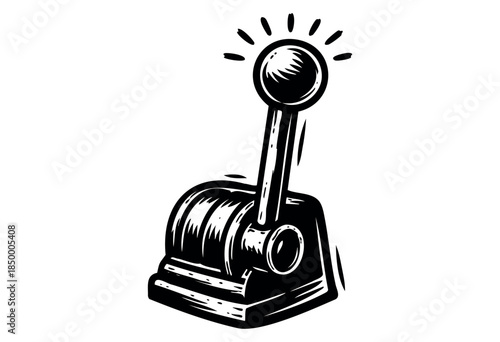 A bold, high-contrast illustration of a vintage lever or switch, activated with radiating light lines, suggesting an idea or a decision made.