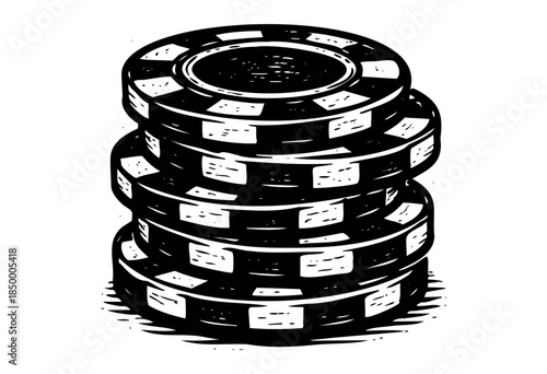 A stylized black and white illustration features a tall stack of poker chips against a white background, conveying a sense of risk and gambling.