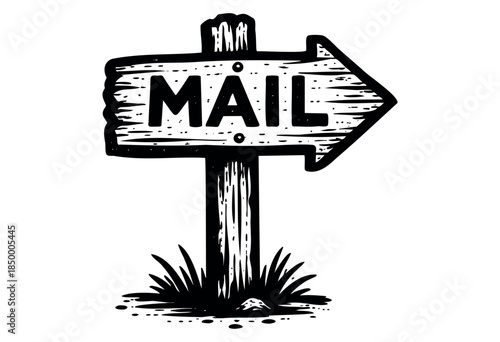 A hand-drawn black and white illustration of a rustic wooden signpost with the word MAIL and an arrow pointing right, set against a clean white background with blades of grass at its base.