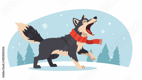 Illustration of a wolf running in a snowy winter landscape with a red scarf