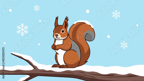 Cartoon squirrel with brown fur and white belly sitting on a bare tree branch in a snowy winter scene