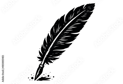 A black silhouette of a feather quill pen with a pointed tip, resting on a white background with scattered ink splatters, evoking a sense of writing or creativity.