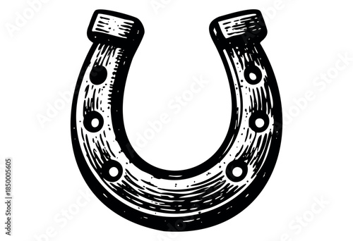 A hand-drawn, black ink illustration of a classic horseshoe with visible nail holes against a stark white background, conveying a sense of luck and tradition.