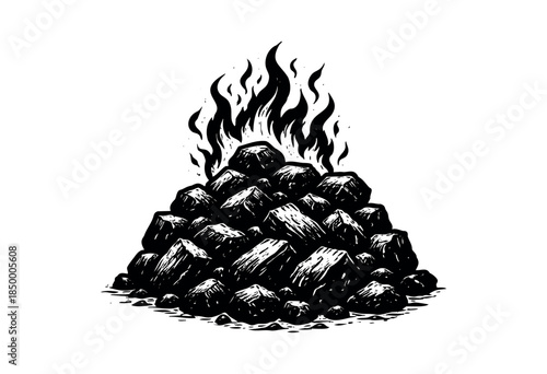 A black and white, linocut style illustration depicts a pile of burning coal with flames rising, conveying themes of energy, warmth, and industry.