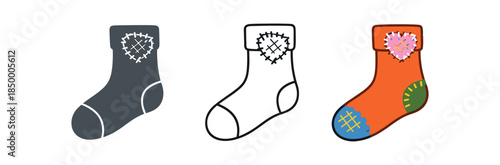 visible mending cozy socks lineup each with different colorful darning repair