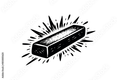A stark black and white illustration of a rectangular object, possibly a bar or block, emitting dynamic splashes and rays, suggesting energy or transformation.
