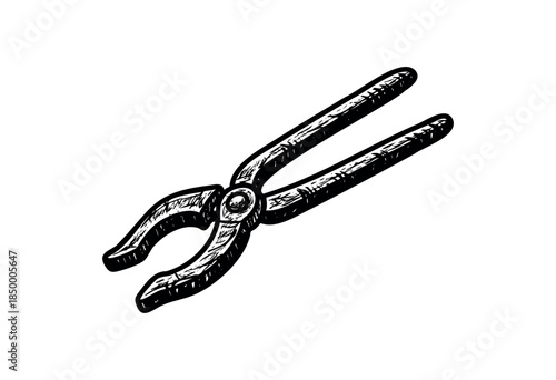 A detailed, hand-drawn illustration in black and white features blacksmith tongs, conveying a sense of traditional craftsmanship and industrial heritage.