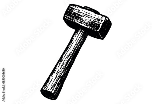 A rough, hand-drawn illustration of a black and white sledgehammer tool isolated on a white background, perfect for depicting construction and demolition themes.
