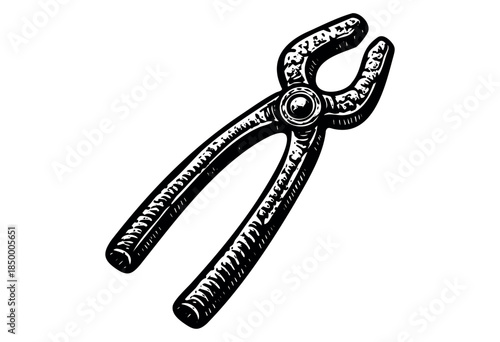 A detailed black and white illustration of antique blacksmith tongs with a textured surface, isolated on a clean white background, conveying a sense of craftsmanship and historical tools.