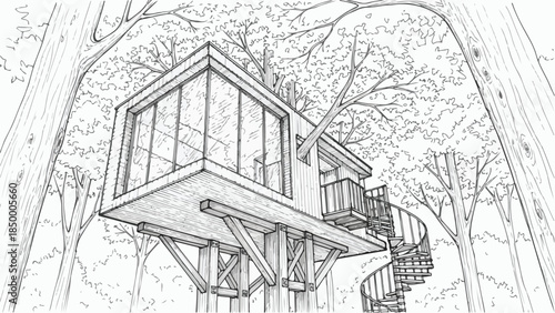 Modern treehouse villa architecture built among forest branches vector sketch