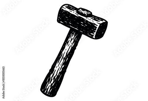 A bold black ink sketch of a wooden mallet tool stands out against a clean white background, perfect for design projects needing a hand-drawn, industrial feel.