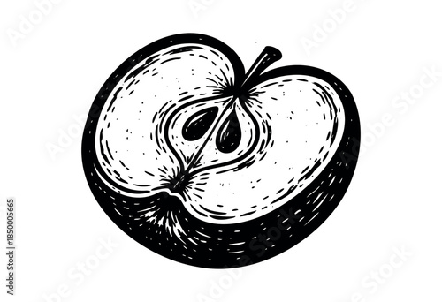 A bold, graphic illustration of a halved apple rendered in black and white with a scratchy, hand-drawn texture, emphasizing seeds and core.
