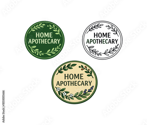 herbal apothecary circular badge reading home apothecary with sprigs around edge