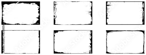 Grunge frames set templates. Ink paint border with rough edges for poster and banner. Retro textured overlays. Rectangular old black abstract flyers on transparent background. Vector illustration.
