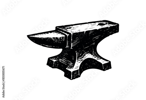 This black and white ink sketch depicts a detailed blacksmith anvil with a horn and flat surface, presented as a clean isolated graphic on a white background.