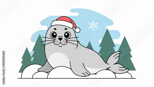 Playful seal wearing a red Santa hat in a snowy winter landscape with coniferous trees and blue sky