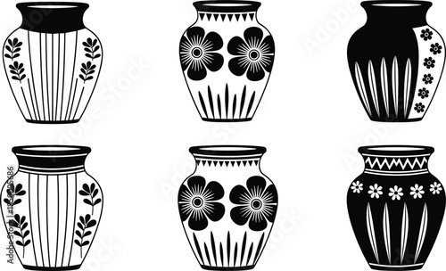 Black and white decorative ceramic vase illustrations set, floral folk art pottery silhouettes, modern vintage home decor collection design vector