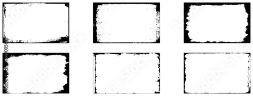 Grunge frames set templates. Ink paint border with rough edges for poster and banner. Retro textured overlays. Rectangular old black abstract flyers on transparent background. Vector illustration.