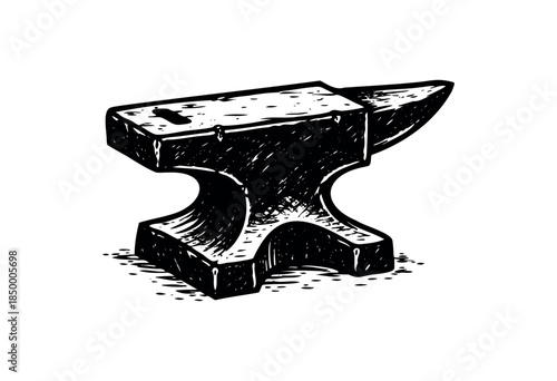 A detailed black and white illustration of a classic blacksmith anvil, rendered with a scratchboard style, on a clean white background.