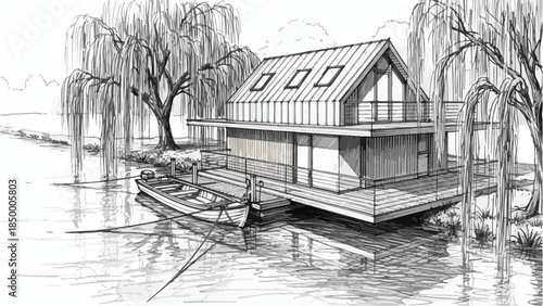 Modern floating house architecture on a calm river with willow trees sketch