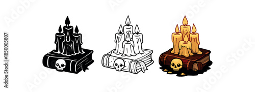 gothic devotional candle cluster on old book with skull emblem