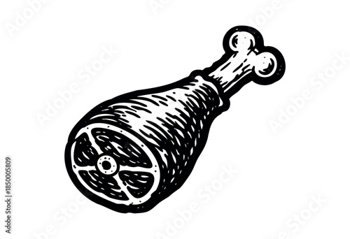 A stylized black and white sketch of a raw ham hock with a bone, presented on a clean white background, ideal for food-related designs.