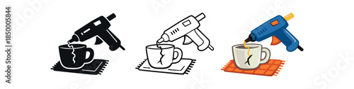 repair cafe glue gun mending cracked ceramic mug on cloth mat