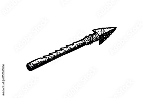 A hand-drawn illustration in black and white depicts a primitive stone arrowhead attached to a wooden shaft, bound with twine, suggesting ancient hunting or warfare.