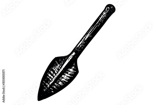A stark black and white sketch of a vintage spearhead, rendered with textured hatching, on a clean white background.