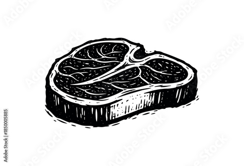 A black and white woodcut style illustration of a raw steak on a white background, perfect for food blogs, menus, and culinary designs.