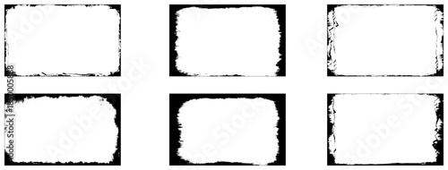 Photo grunge frames stories set template. Ink paint edges punk border for social media poster. Retro textured overlays. Rectangular old black cadre on white background. Vector design illustration.
