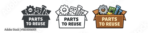 Parts to reuse box icon set. Recycling, spare parts, repair, sustainability symbol. Outline flat and colored vector illustration.