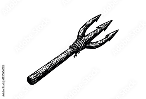 A stylized black and white illustration of a trident weapon, depicted with rough, sketched lines and a rope-bound handle, set against a clean white background.