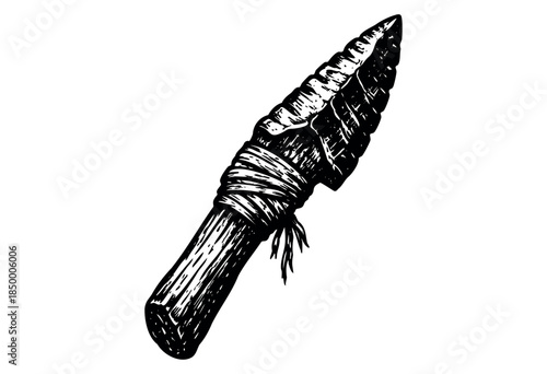 A black and white sketch depicts a primitive spearhead crafted from stone and bound to a wooden handle with twine, symbolizing ancient tools and survival.