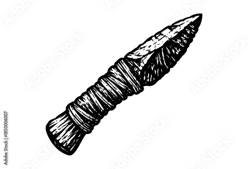 Hand-drawn black and white illustration of a primitive stone arrowhead with a wrapped handle, evoking themes of history, survival, and ancient tools.