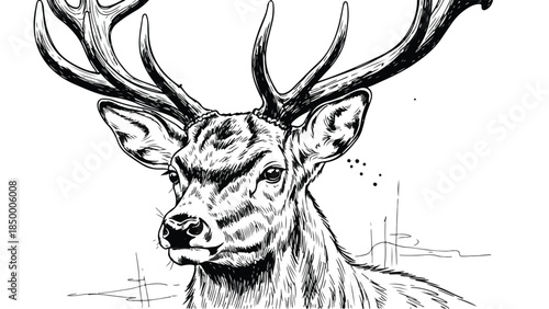 Majestic stag deer portrait with large antlers in minimal vector sketch style