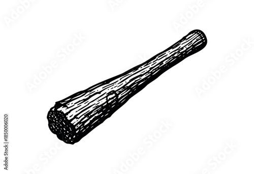 A simple, hand-drawn illustration of a wooden mallet rendered in bold black ink with hatching lines on a clean white background.