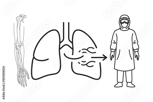 Lungs Disease Transmission and Protective Gear Concept Line Art