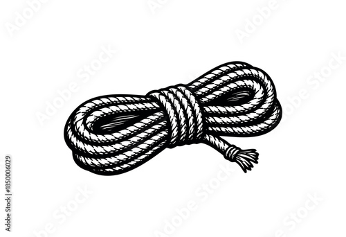 A black and white illustration of a thick, twisted rope coiled neatly on a plain white background, featuring a textured, graphic style.