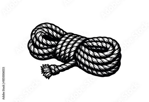 A black and white illustration of a thick, twisted rope coiled neatly on a plain white background, featuring a textured, graphic style.
