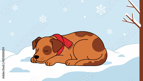 Brown dog sleeping on snow with pink scarf and falling snowflakes