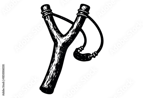 A simple, hand-drawn illustration of a black slingshot with a Y-shaped wooden handle and a rubber band stretched out, perfect for concepts of play, childhood, or rebellion.