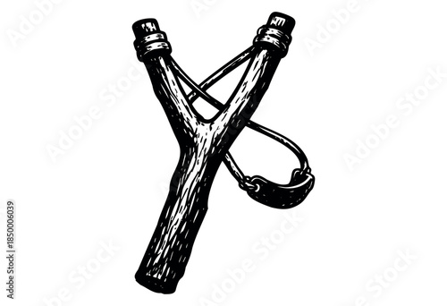 A hand-drawn sketch of a traditional wooden slingshot with a leather pouch and elastic bands, isolated on a white background, evoking a sense of vintage childhood play or rustic outdoor activity.