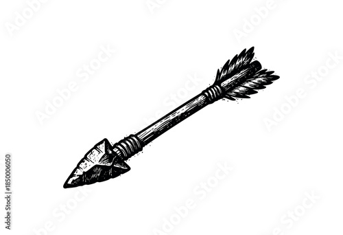 A monochrome illustration depicts an ancient stone arrowhead with fletching made of three feathers, isolated on a white background, evoking a sense of history and hunting.