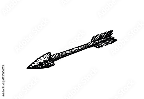 A detailed black and white vector illustration of an ancient arrowhead with fletching, rendered in a scratchboard style on a white background.