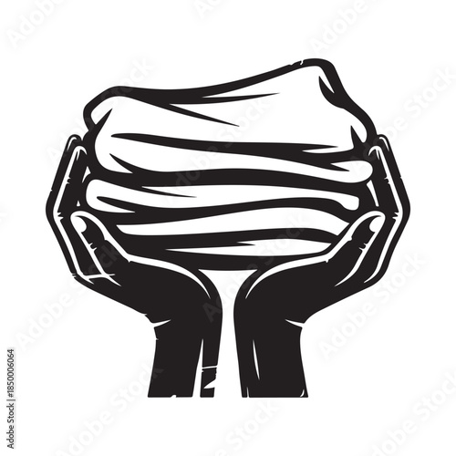Hands cradling a folded cloth or garment simple black and white illustration