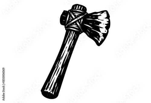 A stylized black and white illustration of a vintage axe, rendered with bold lines and crosshatching, evoking a sense of history and craftsmanship.