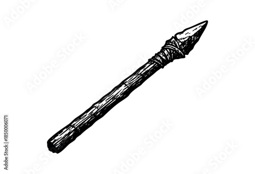 A hand-drawn illustration of an ancient stone-tipped spear with a wooden shaft, evoking primitive tools and early human history.