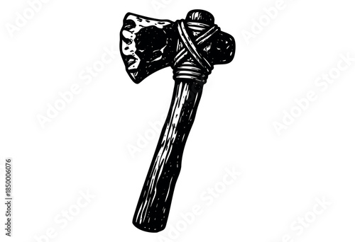 A black and white sketch of a primitive stone axe, featuring a rough-hewn stone head lashed to a wooden handle with natural bindings.